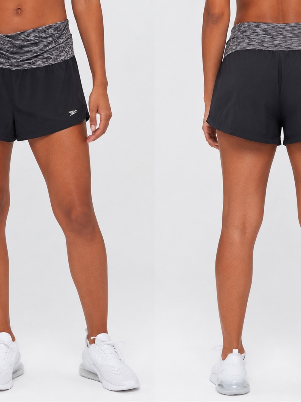 Speedo Womens Black Gray Fold Over Waistband Athletic Shorts Large